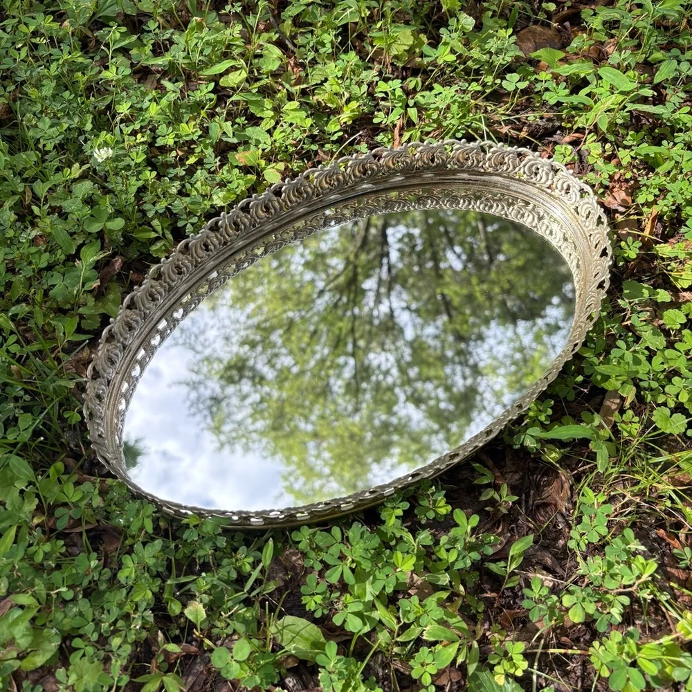 Vintage 70s Mirrored Gold Ornate Oval Vanity Tray